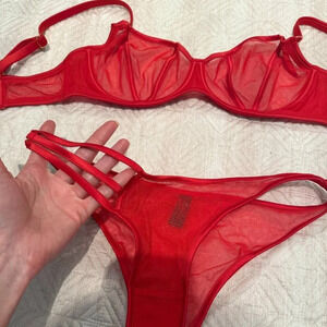 NEW Ruby Red Mesh Bra and Panties Matching Set, Marie Mur, 34D and S